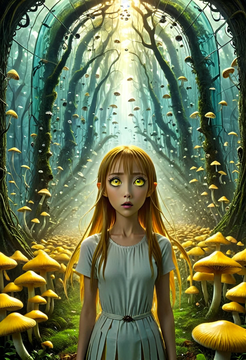 asuna, With her enormous yellow eyes she looks directly at the mushrooms with an expression of amazement when she finds herself surrounded by hundreds of glass insects that have an impossible geometry.... All with the style of Tim Burton, in a kind of surreal dream.