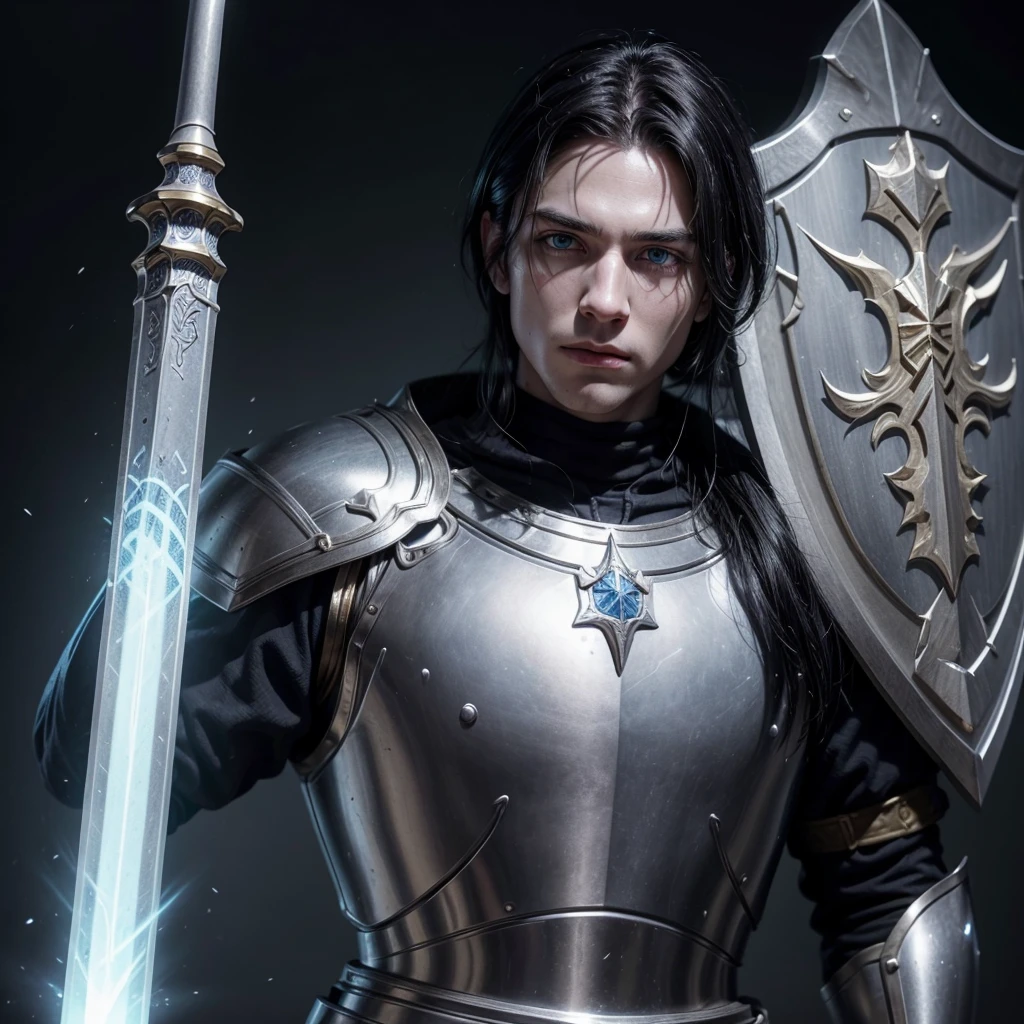 I want to create a paladin for my medieval RPG game, He has 1,84 m high, white skin but not too much, light blue eyes and pitch-black hair, his face is one of constant sadness and emptiness but at the same time gentle and kind, wears golden armor, a long sword and a shield.
He's holding his sword And his armor is golden