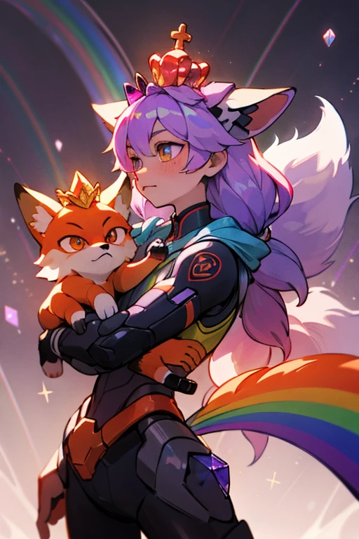 humanoid fox wearing a crystal crown, light purple hair, fox ears, fox tails, rainbow background, and rainbow light around their body