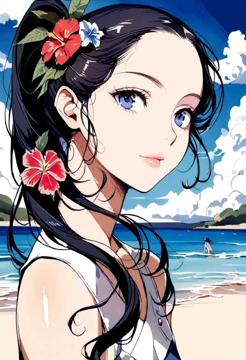 Navy blue school swimwear,ponytail、blunt bangs、Black Hair、super fine illustration,(((beautiful fine hair))),(((beautiful fine face))),(((beautiful fine background))),Midsummer、beach