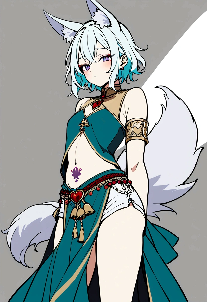 Masterpiece, High quality, High quality of art, best quality, anime lineart, 1boy, light carrot hair, fox ears, fox tail, Red eyeshadow, purple eye color, Bare belly, male focus, military armlets, general's pants, A heavy golden bow with rubies, black-green blue clothes, hair with a small count of dark carrot hair, half sleep eyes, Platinum bell and bow near the ear, a small shorts, Red and white rope belt, no human ears, Black heart tattoo on tummy