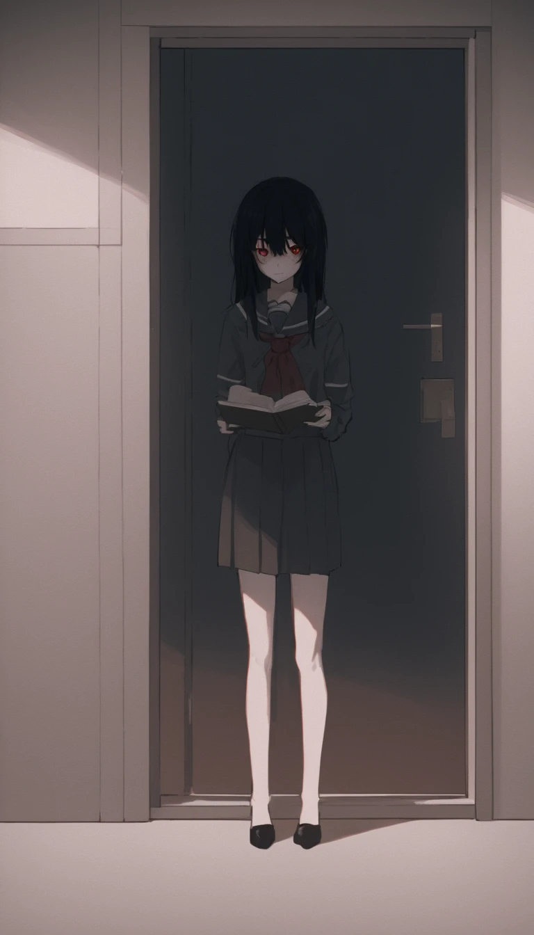 yandere girl, student aesthetics, is standing in front of the door, It&#39;s yandere.