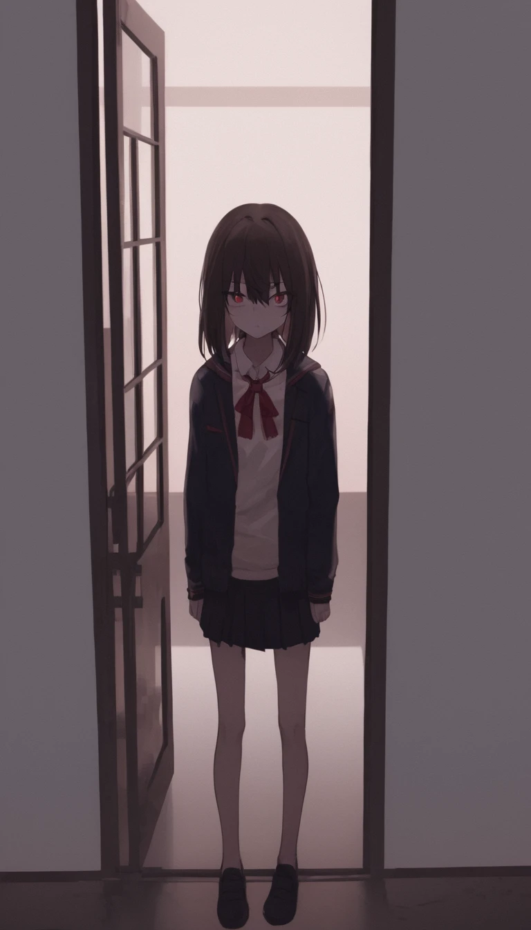yandere girl, student aesthetics, is standing in front of the door, It's yandere.