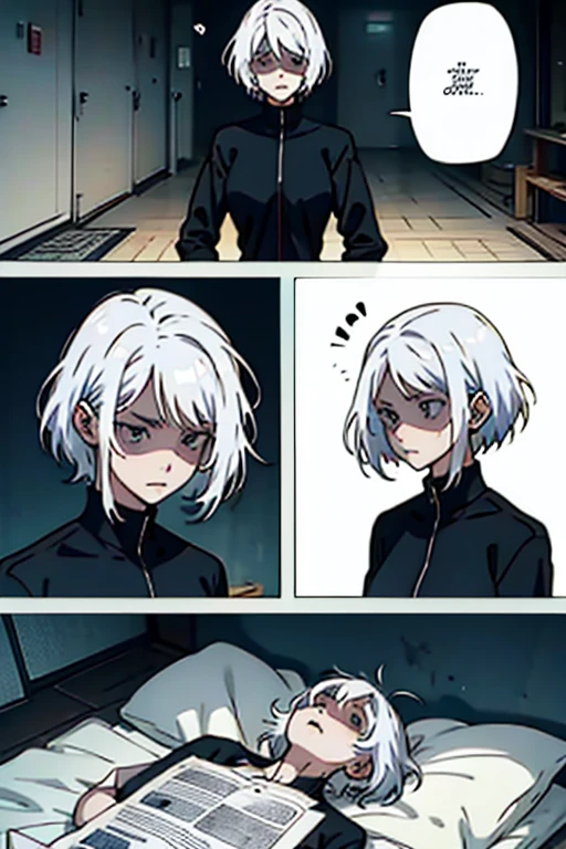 Girl with short white hair small and really skinny, feeling extremely sick, detailed illness, coughing blood, fainting , throwing up, manga page with panels and dialogue