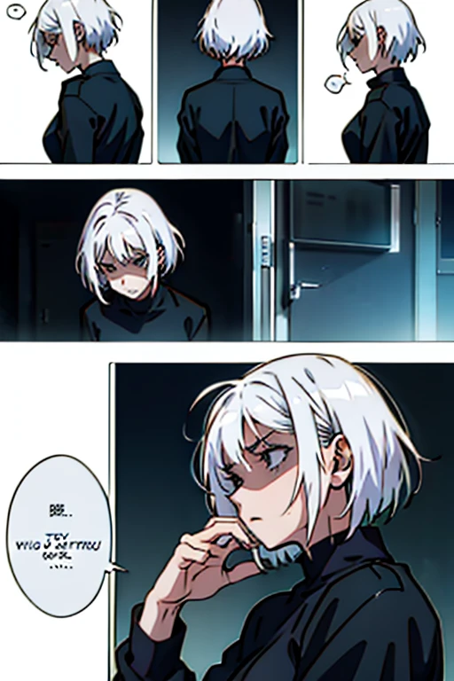 Girl with short white hair small and really skinny, feeling extremely sick, detailed illness, coughing blood, fainting , throwing up, manga page with panels and dialogue