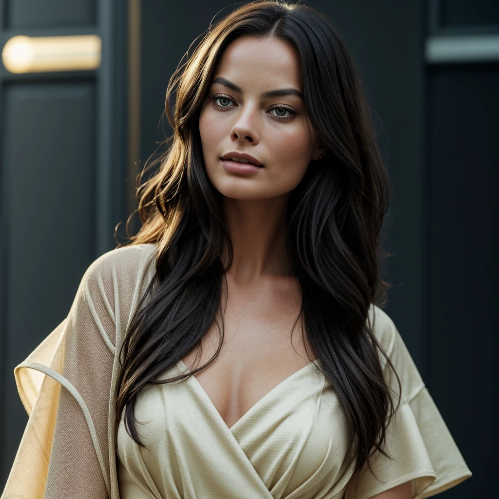 beautiful woman with long dark hair, similar to margot robbie, face in extremely detailed and high quality 4k, facing the camera, perfect lighting on her face, 4k, photorealistic, masterpiece, high quality, extremely detailed, cinematic lighting, dramatic pose, elegant, sensual, center the image, Visual effects, Sound effects, Incredibly detailed and complex, hyper maximalist, elegant, hyper realistic, super detailed, woman posing for a photo, portrait, classy and elegant photo