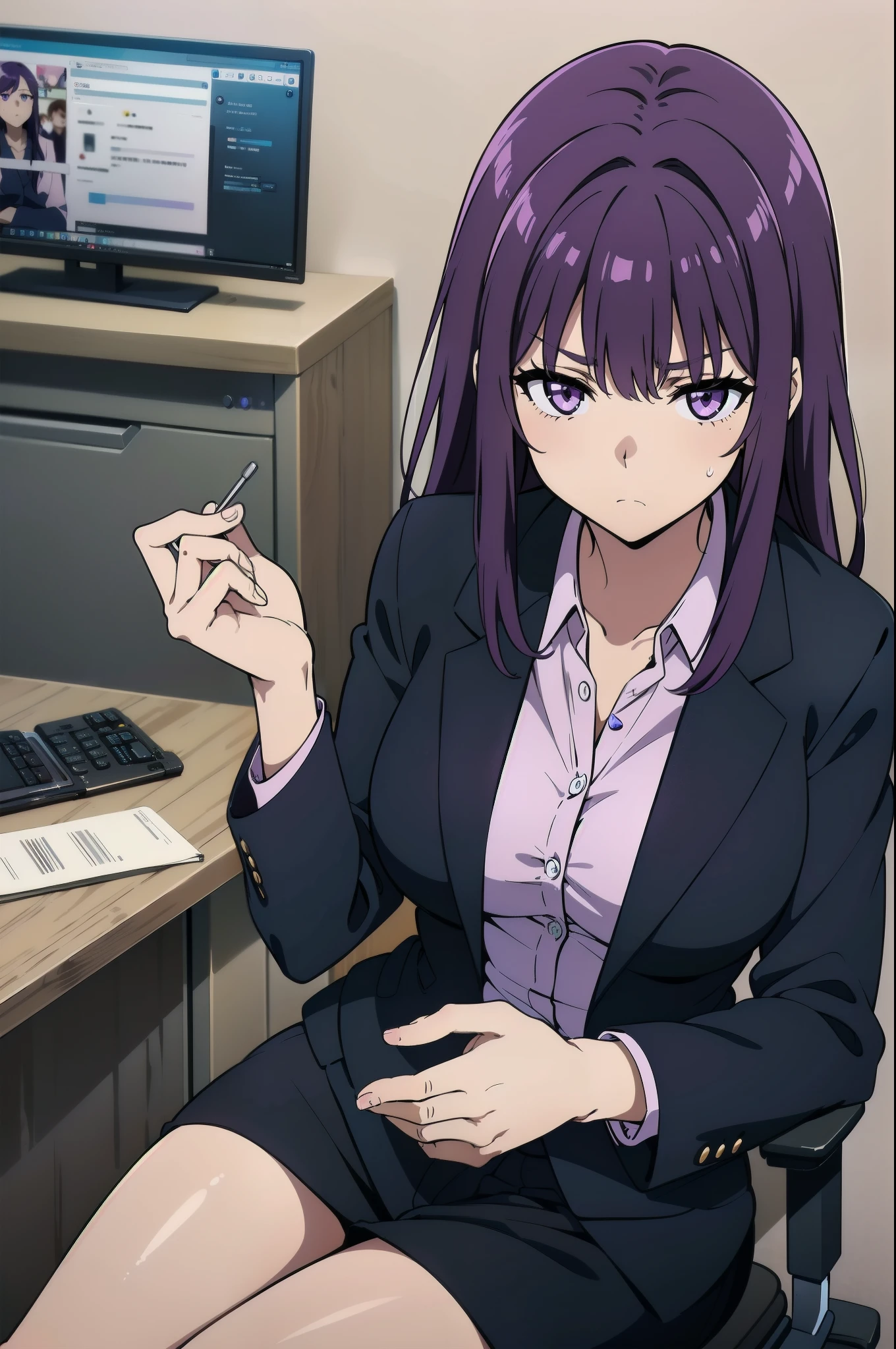 purple hair,,long hairpurple eyes,(((office suit,)))(disgust,looking disgusted, abhore),in the office,sitting on the office chair
