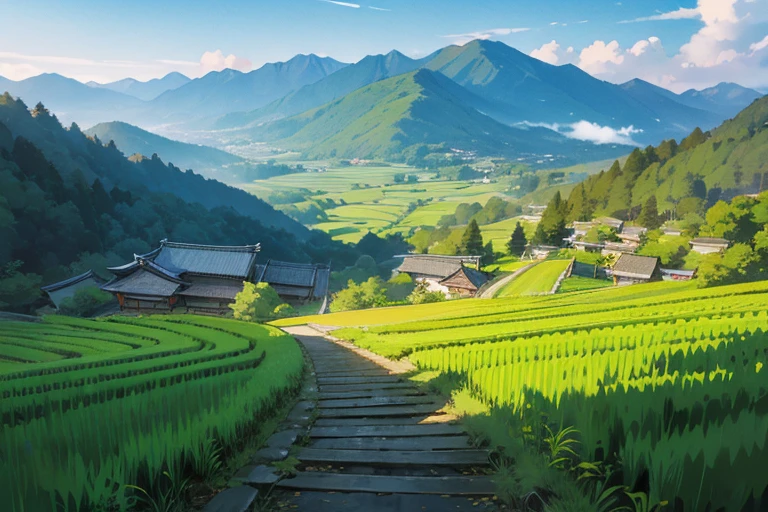 Japanese mountains, Japanese forests, Japanese rice fields (0.5), houses, paths, background only