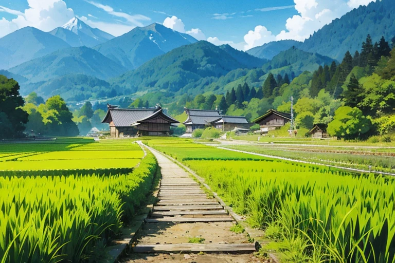 Japanese mountains, Japanese forests, Japanese rice fields (0.5), houses, paths, background only