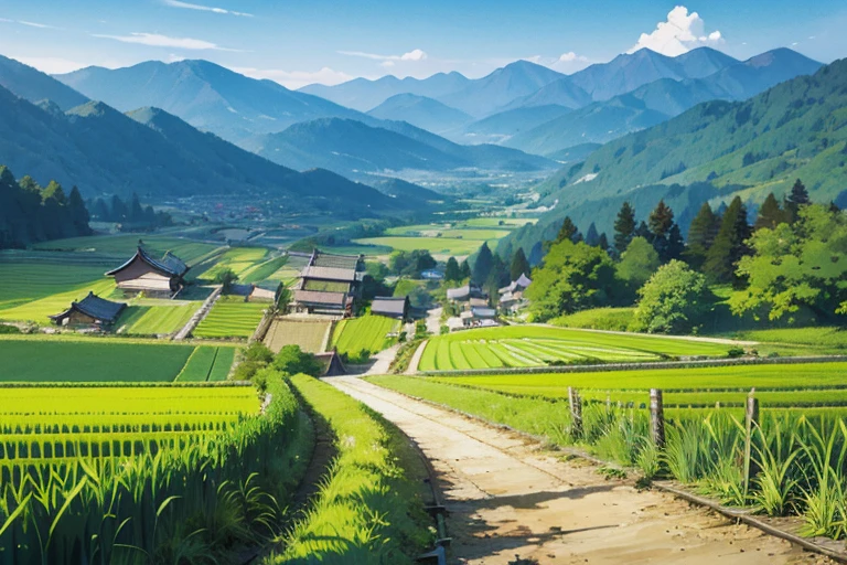 Japanese mountains, Japanese forests, Japanese rice fields (0.5), houses, paths, background only