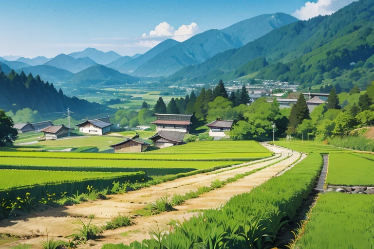 Japanese mountains, Japanese forests, Japanese rice fields (0.5), houses, paths, background only