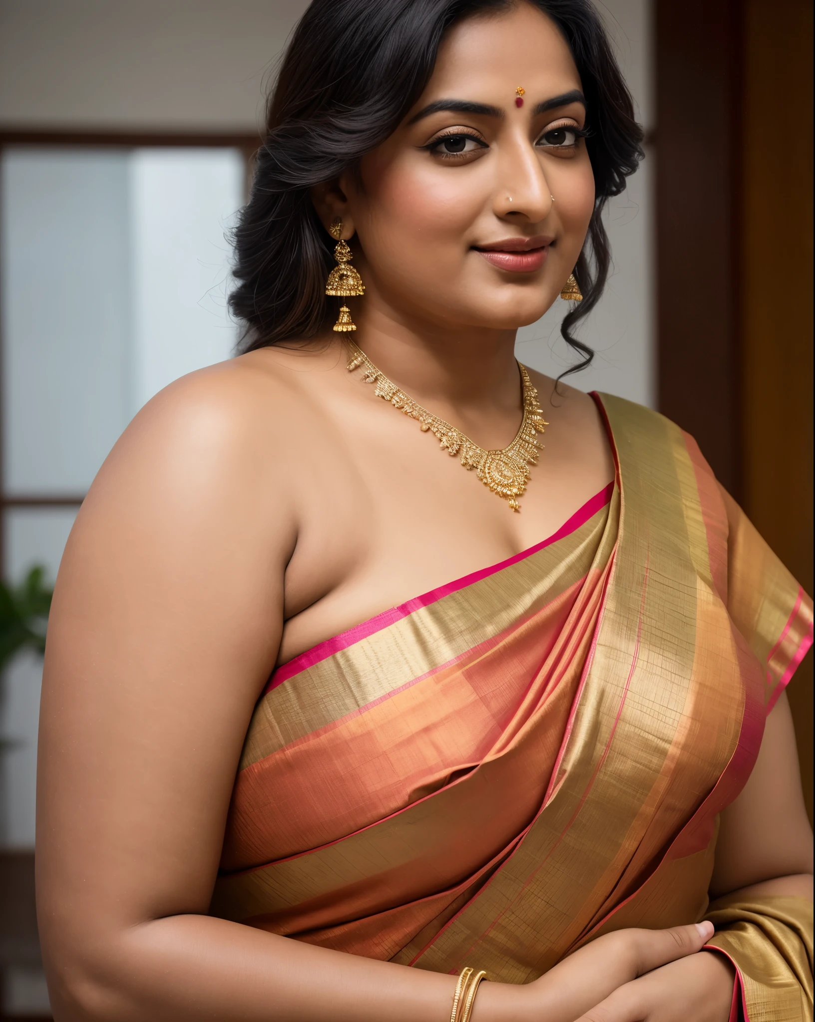 Foto RAW, photorealistic, photography, full body shot, master shot, perfect eyes, goddess like beauty, pierced eyes, perfect thick chubby mallu Desi aunty bhabhi, Wearing a Stanapatta, a chest-band.Saree model, model Photography, Indian saree shoot, Indian traditional wear advertising photography, traditional wear brand shoot, face of Indian actress Sonakshi Sinha, masterpiece, realistic, realism, incredible details,  pleasure, photorealism, detailed skin, skin pores, high contrast, photorealistic Artstation 8k HD digital art trend of high definition and detailed realistic skin texture, ultra detail, realistic skin texture, armature, best quality, ultra high definition, (photorealistic:1.4),, high resolution, detail, raw photo, sweat, Re sharp, by Lee Jefferies Nikon D850 Film Stock Photo 4 Kodak Portra 400 Camera F1.6 Lens Rich Color Ultra Real Realistic Realistic Textures Dramatic Lighting Unreal Engine Trending at Art Station Cinestill 800,(pele altamente detalhada: 1.2), 8k UHD, DSLR, soft-lighting, alta qualidade, grain of film, Fujifilm XT3,she didn't like to wear blouse or bra, she is happy to wear only saree, she hates blouse or bra, detailed hairy armpits, hyper realistic skin, skin pores, sweat, veins, 