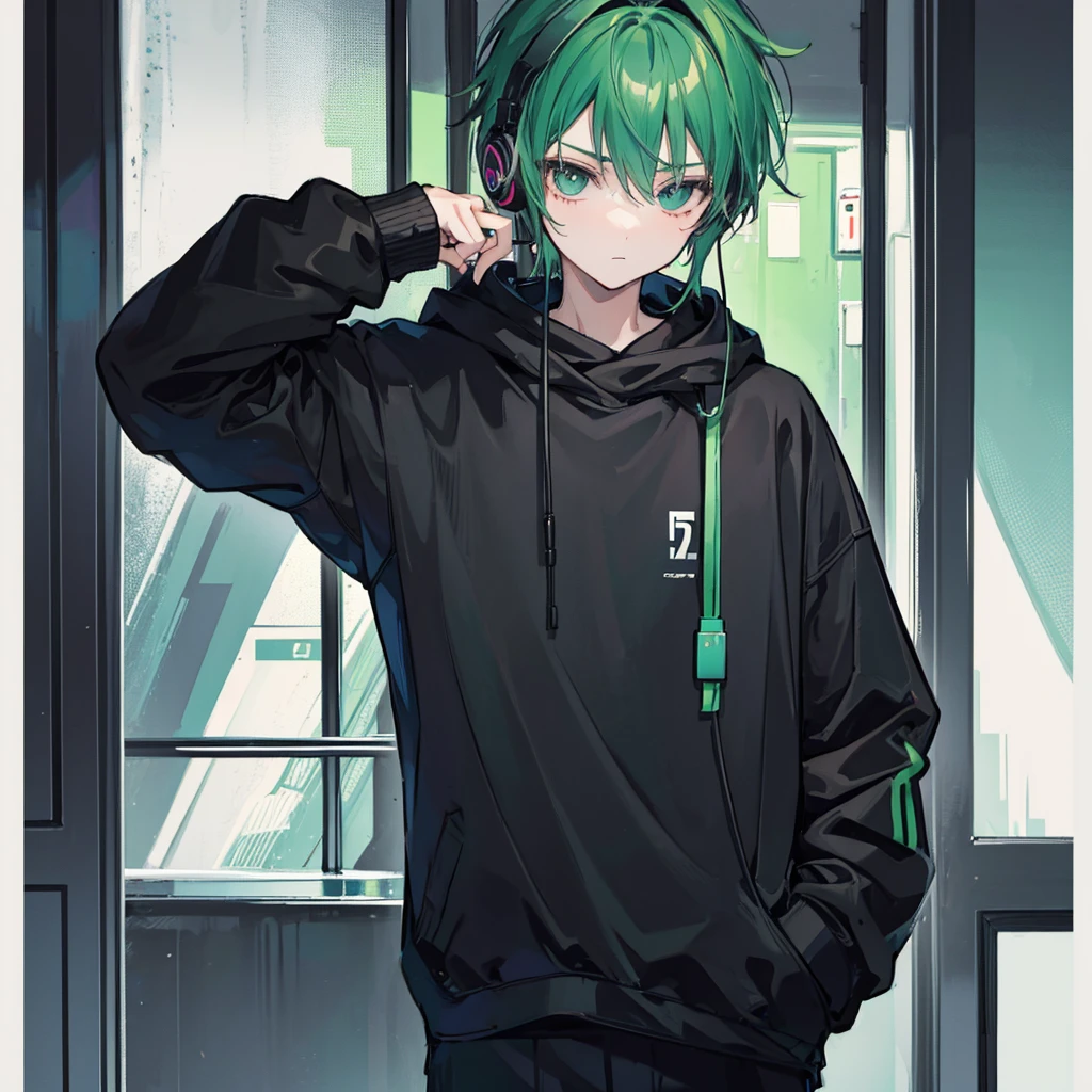 Boy man teenager aesthetic lonely, with black sweater, a lock of green hair with headphones, in a dusk.