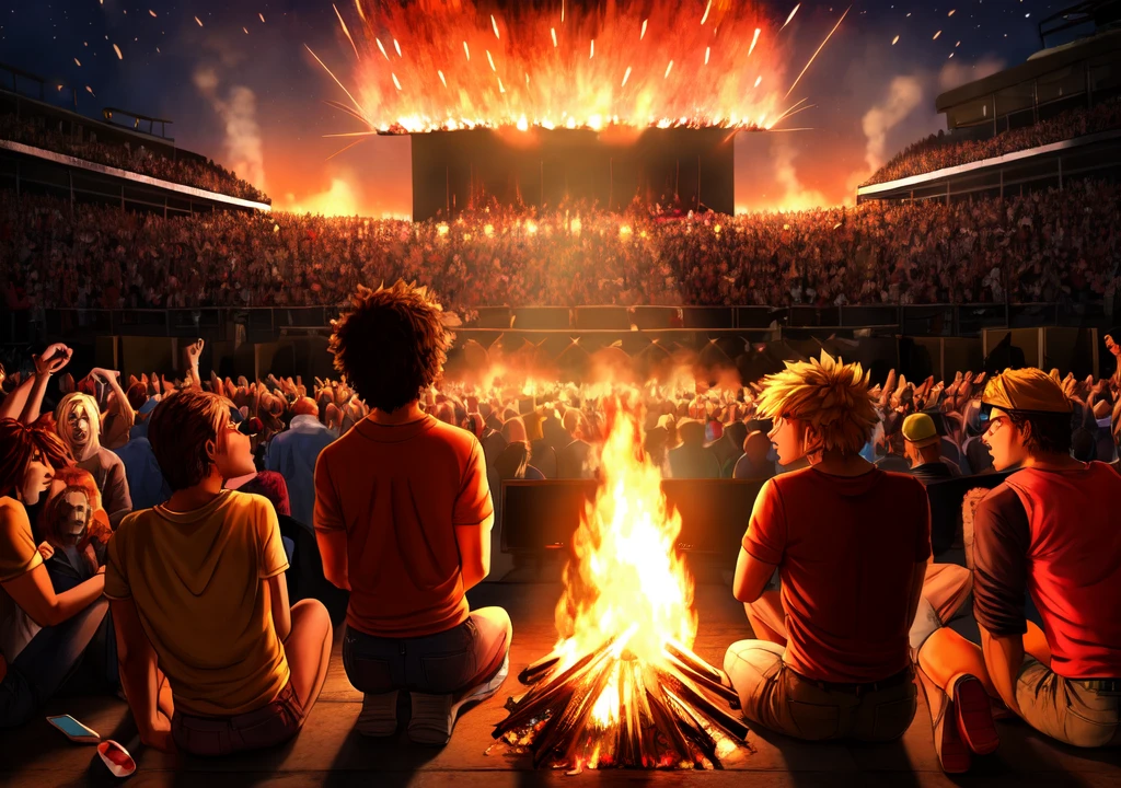 I need the backs of a  sitting on the floor, watching a big bonfire in the middle of a concert at night 