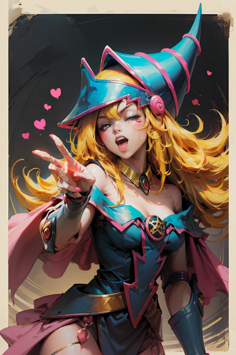 Beautiful dark magician gils. With his hands he makes the sign of love and peace. He has one eye closed and the other open, open voice sticking out the tongue. Gesture of satisfaction and sensuality. pose sexy 