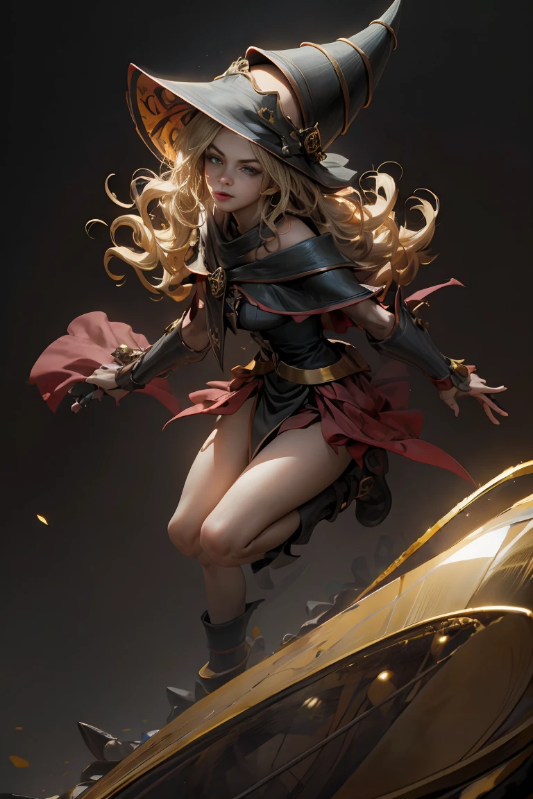 (8k,photorealistic raw photography the highest quality;1.4) (1girl in) super beauty (realistic face) femenine body (Blonde with long curls) Hold a black and red magic wand. combat scene Magic hat with black and gold exterior. Beautiful expression Glare (Real looking skin) (Giles dark wizards) Tempting super high resolution A hyperrealist high detail Full body photo remains