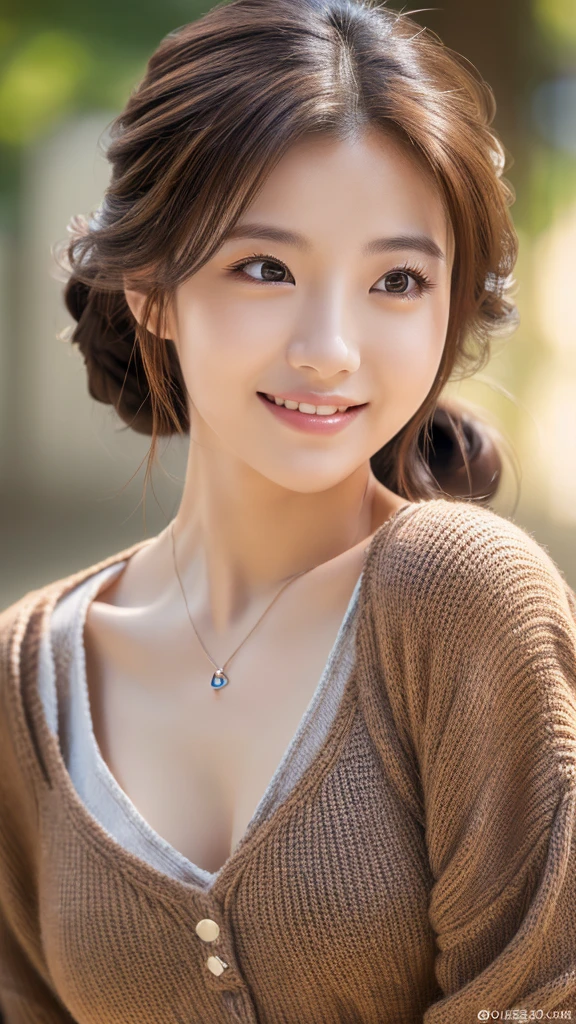 (Masterpiece artwork:1.3), (8K, Photorealistic, RAW photograph, Superior image quality: 1.4), High school girls in Japan、(random hairstyles:1.2)、chest neckline:1.2、super detailed face、Eye of detail、double eyelid、Bring your chest together、sharp focus:1.2、beautfull woman:1.4、Light brown bun hair、maximum quality、Masterpiece artwork、Super high resolution、(Photorealistic:1.4)、Highly detailed and professional lighting smile、Loose and light knits、Shoulder out、苗条、serious facial expression、shorth hair、Fatal position
