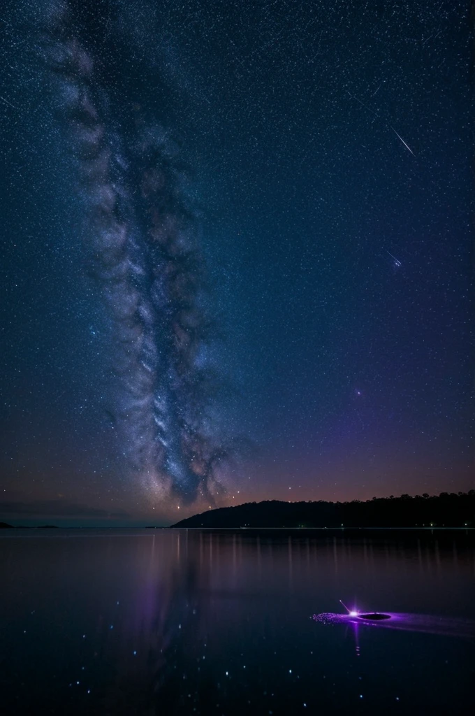 I need images about a sky with a purple color palette, a starry sky, with a water mirror and marine animals and fireflies. In a tropical and quiet place.