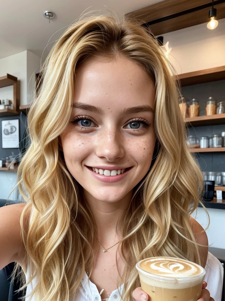 26yo Girl, in a cafe, dressed casually, The wavy blonde:1.2), Age 22, slim, , long highshall:1.1), Selfie, Bright smile, slight freckle, Open eyes, High Definition, pupils looking at camera