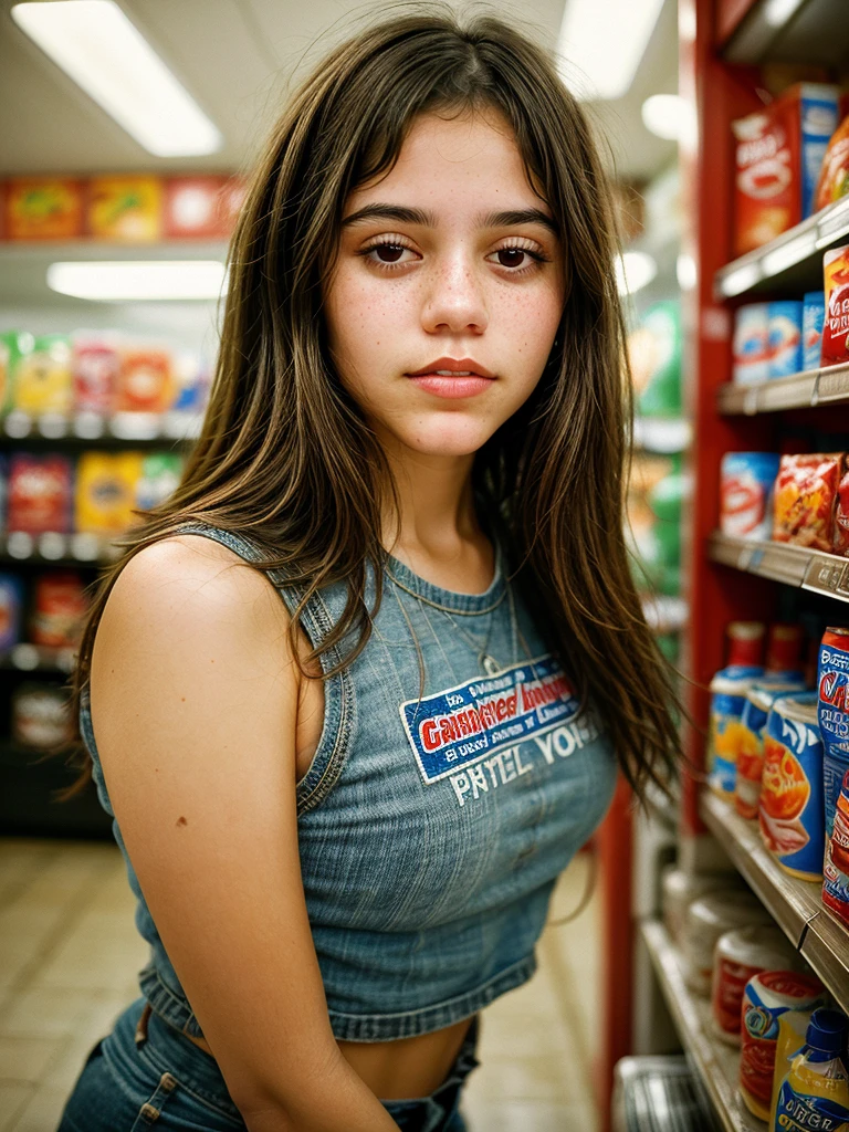 Close-up portrait photo of a young brunette woman taken at a convenience store during the night, low quality image, exhibiting a grainy texture, jpg artifacts, film grain, gritty, raw aesthetic