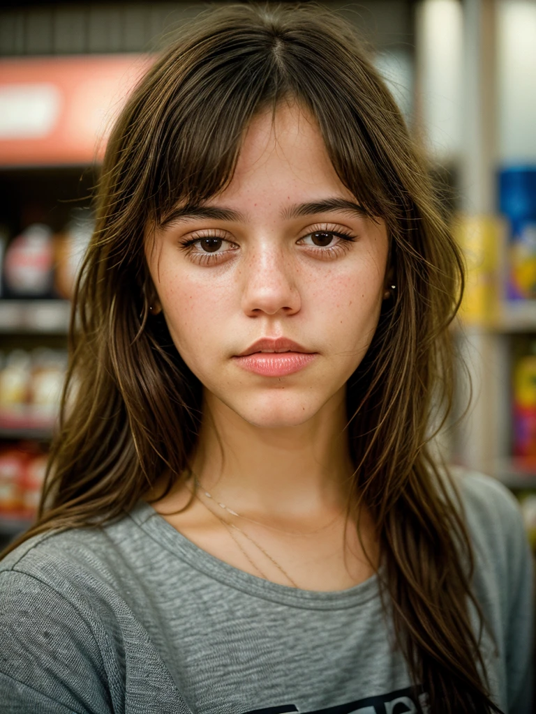 Close-up portrait photo of a young brunette woman taken at a convenience store during the night, low quality image, exhibiting a grainy texture, jpg artifacts, film grain, gritty, raw aesthetic