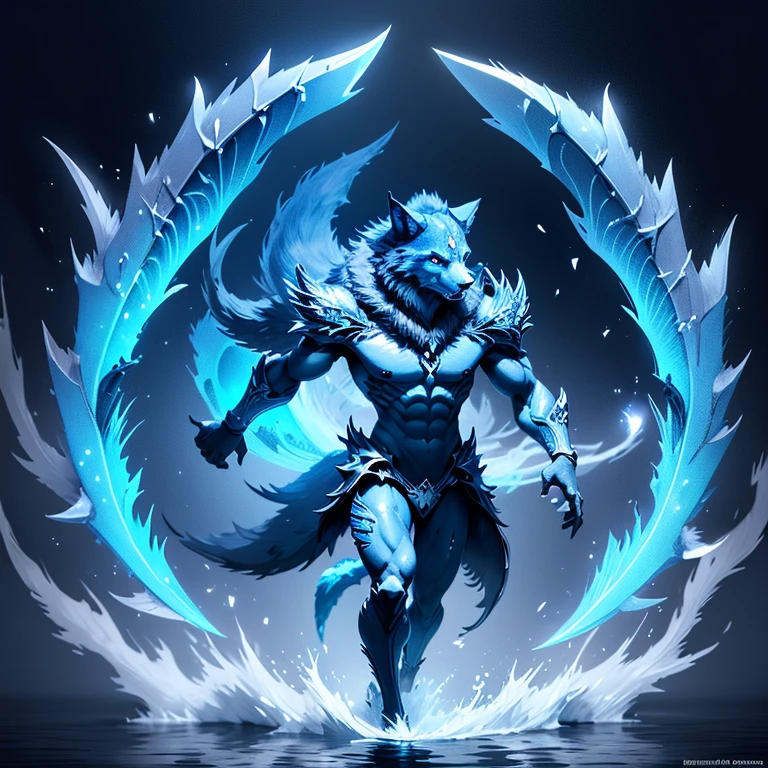 (1 wolf) full body, a blue eyes dark blue wolf, a winged four pointy fin ears water wolf with water, water feathers, water wings, water energy around, water background
