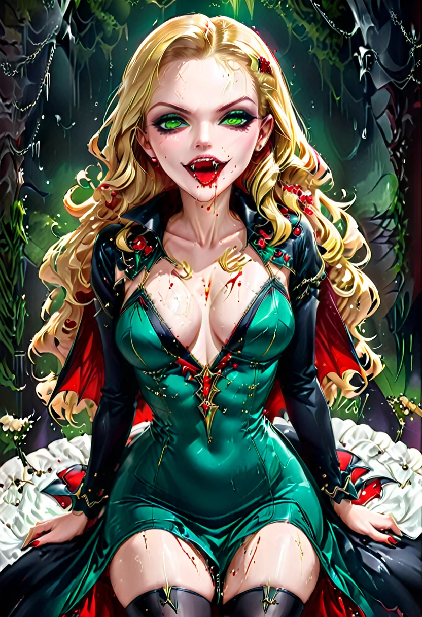 ((a photorealistic glamour shot of an exquisite, glamour female vampire: 1.5)), ((full body: 1.3)), ultra feminine,  pale face, blond hair, long vibrant shiny hair, glamorous hair, emerald green eyes, deep penetrating eyes, red lips, lustful lips, ((two visible vampiric fangs: 1.5), drops of blood dripping from the mouth, ((1950's style: 1.5)), she wears white elegant glamour dress, intricate details, the dress is studded with diamonds, tight suit,  dynamic color, high heels, dynamic background,  (highest quality:1.2, Very detailed, up to date, Vibrant, Ultra-high resolution, High Contrast, masterpiece:1.2, highest quality, Best aesthetics), best details, best quality, highres, ultra wide angle, 16k, [ultra detailed], masterpiece, best quality, (extremely detailed), Genetically modified..., Cinematic Hollywood Film, dark novel