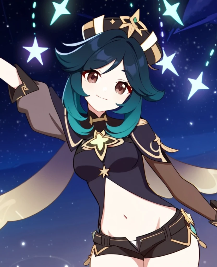 Make a Genshin Impact oc. Give her long brown, to teal ombre hair. Her vision/element is anemo. She has a star themed, teal, purple and black outfit. With shorts. Brown slender-ish eyes. She is very kind, and soft-hearted. She likes space and singing. She's shipped with Venti. Mature body. Slight head tilt, and smile. In Genshin style