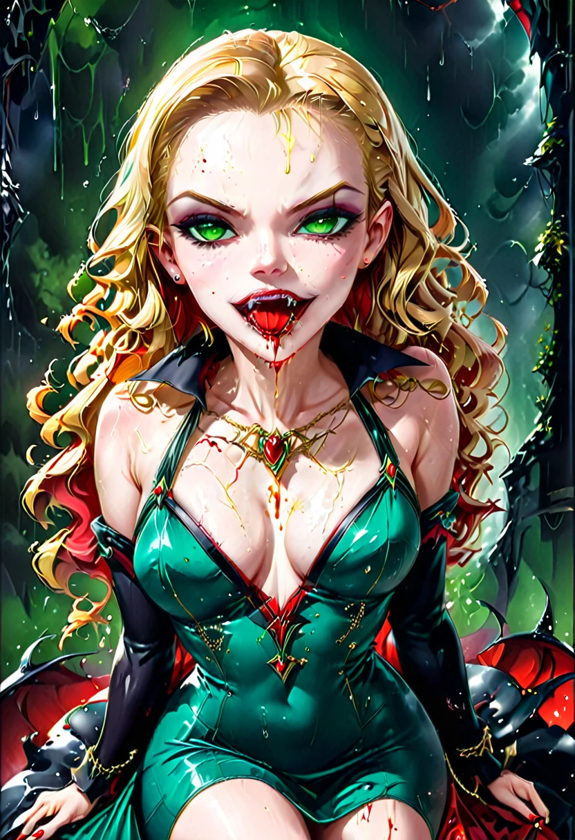 ((a photorealistic glamour shot of an exquisite, glamour female vampire: 1.5)), ((full body: 1.3)), ultra feminine,  pale face, blond hair, long vibrant shiny hair, glamorous hair, emerald green eyes, deep penetrating eyes, red lips, lustful lips, ((two visible vampiric fangs: 1.5), drops of blood dripping from the mouth, ((1950's style: 1.5)), she wears white elegant glamour dress, intricate details, the dress is studded with diamonds, tight suit,  dynamic color, high heels, dynamic background,  (highest quality:1.2, Very detailed, up to date, Vibrant, Ultra-high resolution, High Contrast, masterpiece:1.2, highest quality, Best aesthetics), best details, best quality, highres, ultra wide angle, 16k, [ultra detailed], masterpiece, best quality, (extremely detailed), Genetically modified..., Cinematic Hollywood Film, dark novel