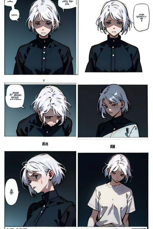 Girl with short white hair small and really skinny, feeling extremely sick, detailed illness, coughing blood, fainting , throwing up, manga page with panels and dialogue