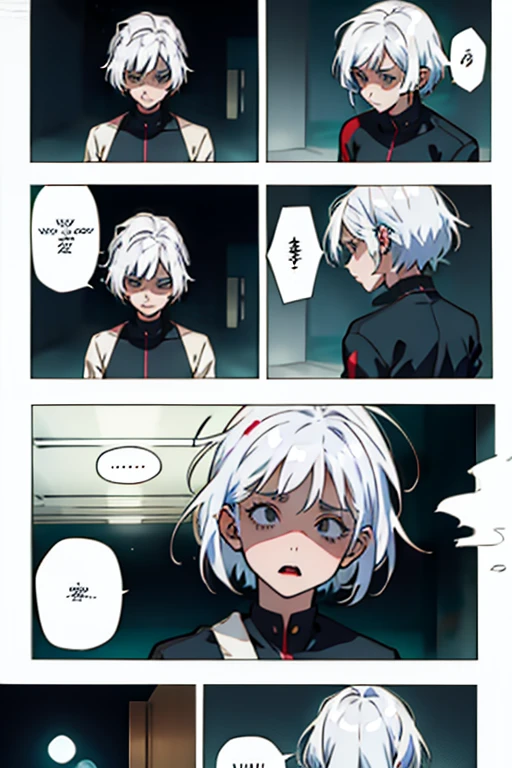 Girl with short white hair small and really skinny, feeling extremely sick, detailed illness, coughing blood, fainting , throwing up, manga page with panels and dialogue