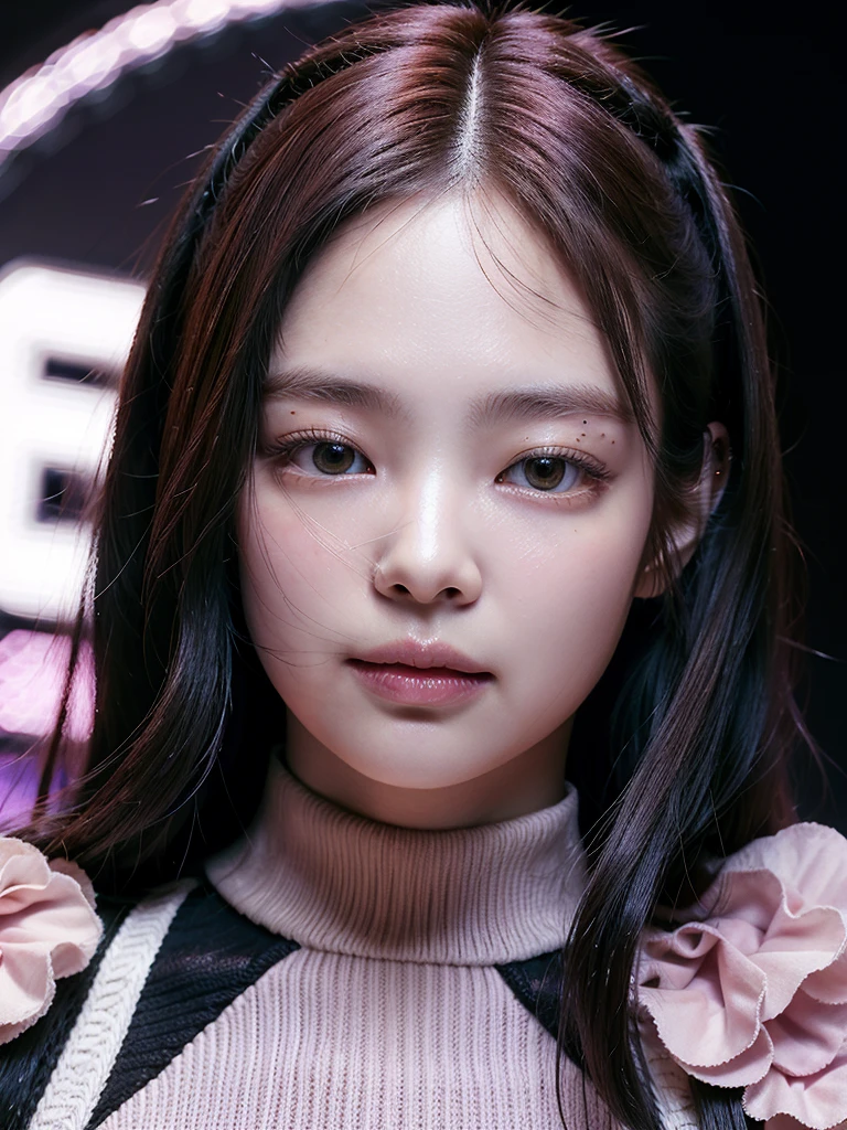 pov, ((masterpiece)), (super detail), perfect face, high detailed eyes, textured skin, high quality, highres, pink hair, hair over shoulder, crossed bangs, shiny hair, eye reflection, Choker, purple clothes, casual clothes, Meteor, light torrent background, light pink hair, blackpink jennie, pink background.