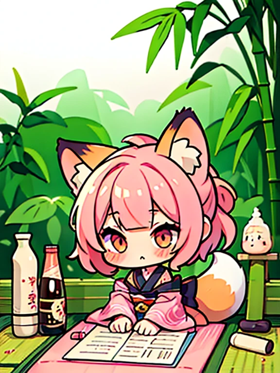 (Chibi:1.8), (intricate details), (Alone, 1 girl, fox ears:1.1), zombie pose, eyelashes, Golden hair, blunt bangs, medium breasts, blush, seductive, clavicle, (confused:1.1), (pink japanese clothes:1.25), (kanji haiku calligraphy poem:1.1), sake bottle, Sakazuki, whiteboard \(cup\), (bamboo, bamboo forest, day, sky), foggy atmosphere, blurred background, soft lighting, glow effect, mystic, uncensored, (obmu:1.1), 