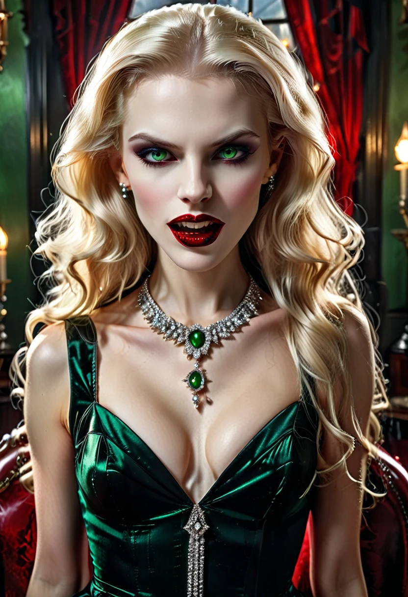 ((a photorealistic glamour shot of an exquisite, glamour female vampire: 1.5)), ((full body: 1.3)), ultra feminine,  pale face, blond hair, long vibrant shiny hair, glamorous hair, emerald green eyes, deep penetrating eyes, red lips, lustful lips, ((two visible vampiric fangs: 1.5), drops of blood dripping from the mouth, ((1950's style: 1.5)), she wears white elegant glamour dress, intricate details, the dress is studded with diamonds, tight suit,  dynamic color, high heels, dynamic background,  (highest quality:1.2, Very detailed, up to date, Vibrant, Ultra-high resolution, High Contrast, masterpiece:1.2, highest quality, Best aesthetics), best details, best quality, highres, ultra wide angle, 16k, [ultra detailed], masterpiece, best quality, (extremely detailed), Genetically modified..., Cinematic Hollywood Film, dark novel