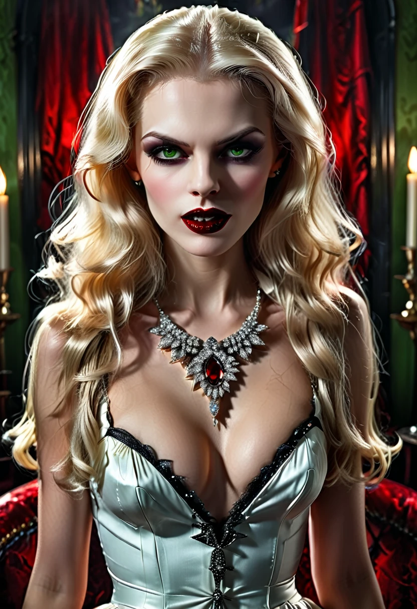 ((a photorealistic glamour shot of an exquisite, glamour female vampire: 1.5)), ((full body: 1.3)), ultra feminine,  pale face, blond hair, long vibrant shiny hair, glamorous hair, emerald green eyes, deep penetrating eyes, red lips, lustful lips, ((two visible vampiric fangs: 1.5), drops of blood dripping from the mouth, ((1950's style: 1.5)), she wears white elegant glamour dress, intricate details, the dress is studded with diamonds, tight suit,  dynamic color, high heels, dynamic background,  (highest quality:1.2, Very detailed, up to date, Vibrant, Ultra-high resolution, High Contrast, masterpiece:1.2, highest quality, Best aesthetics), best details, best quality, highres, ultra wide angle, 16k, [ultra detailed], masterpiece, best quality, (extremely detailed), Genetically modified..., Cinematic Hollywood Film, dark novel