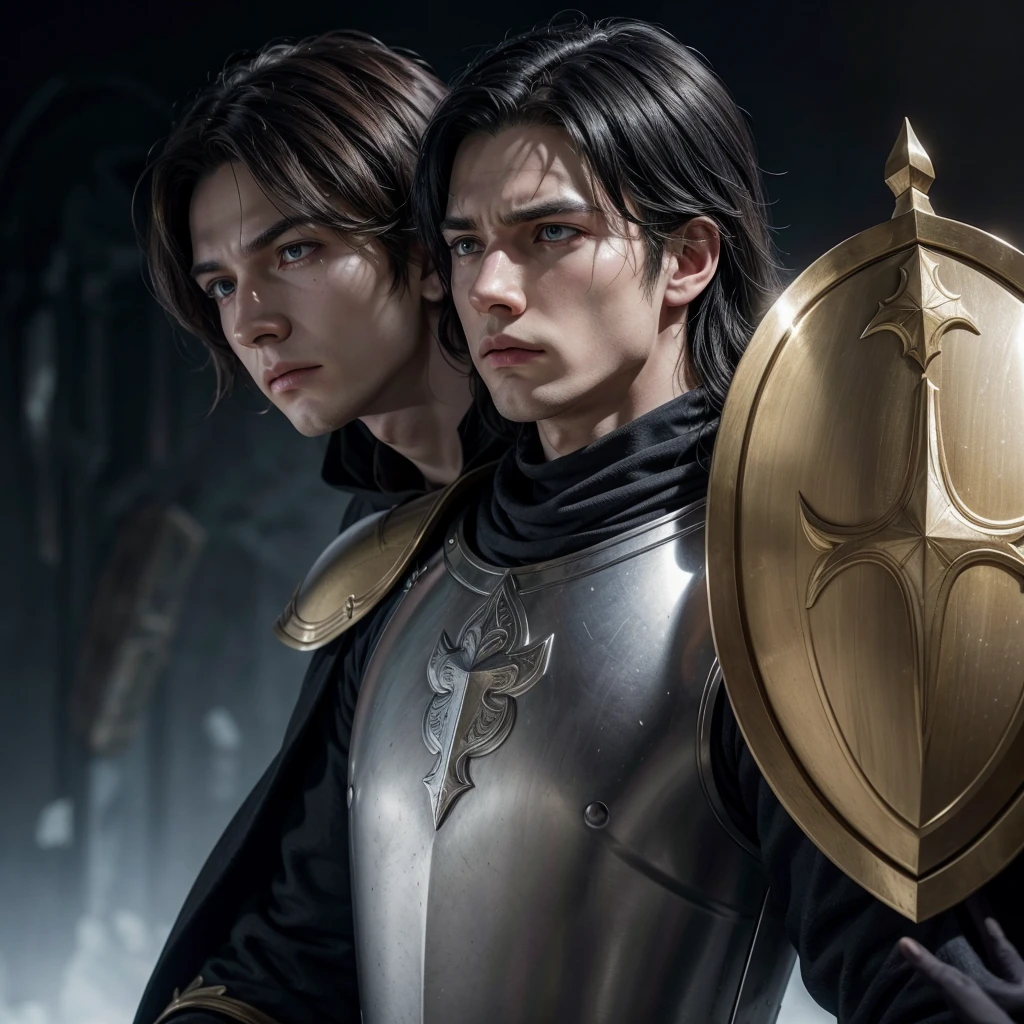 I want to create a paladin for my medieval RPG game, He has 1,84 m high, white skin but not too much, light blue eyes and pitch-black hair, his face is one of constant sadness and emptiness but at the same time gentle and kind, wears golden armor, a long sword and a shield.
His hair is medium length and he has a sad expression