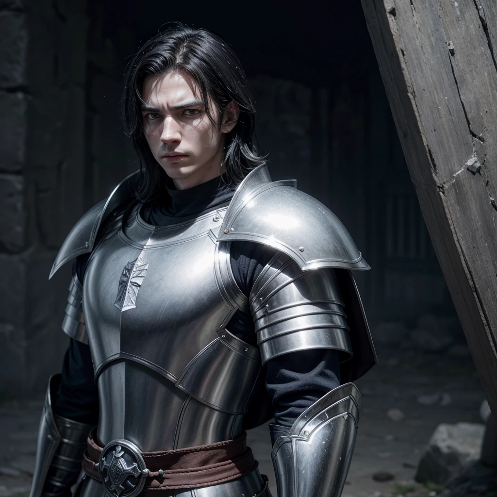 I want to create a paladin for my medieval RPG game, He has 1,84 m high, white skin but not too much, light blue eyes and pitch-black hair, his face is one of constant sadness and emptiness but at the same time gentle and kind, wears golden armor, a long sword and a shield.
His hair is medium length and he has a sad expression