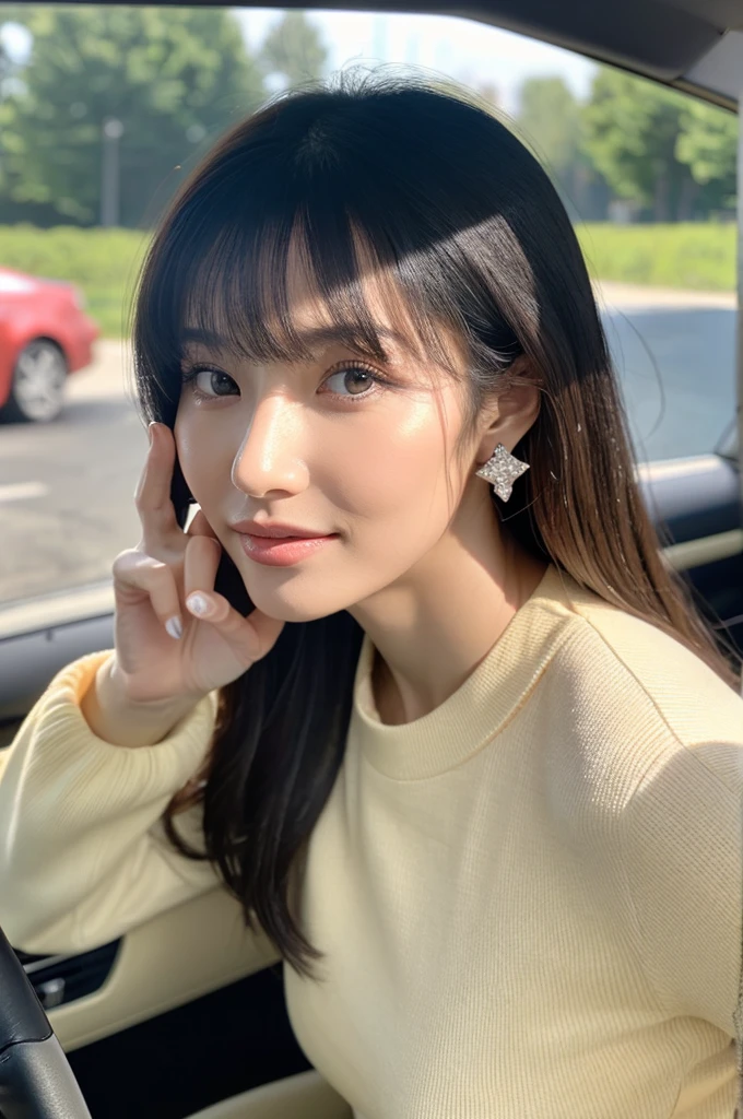 Inside the car at the driving school, driving school instructor, ((full body)), ((photo)), ((best qualtiy, 8K, tmasterpiece:1.3)), Focus:1.2, perfect figure beautiful girl:1.4, 1girl, cowboy shot, look at viewer, incredibly absurd, beautiful and cute girl with a photorealistic face, showcasing top-quality craftsmanship, A Japanese woman sitting in the passenger seat of a car at a driving school, 22 years old, has long, shiny, straight black hair, long bangs cut above her eyes as see-through bangs, large, dark eyes, long eyelashes, cat-like eyes with slightly upturned corners, well-defined eyebrows, double eyelids, straight nose, thin lips but a healthy, natural red color, well-aligned teeth, sharp jawline, fair, clear skin, smooth skin, long limbs, tall, slender, well-balanced proportions, beautiful C-cup breasts, wearing a white blouse with a black tight skirt and a beige jacket over it. The skirt is knee-length, an elegant and chic outfit, a single diamond earring in her left ear, and a slim gold ring on her middle finger on her right hand, a beautiful older woman, beautiful, neat, serious, responsible, kind, April