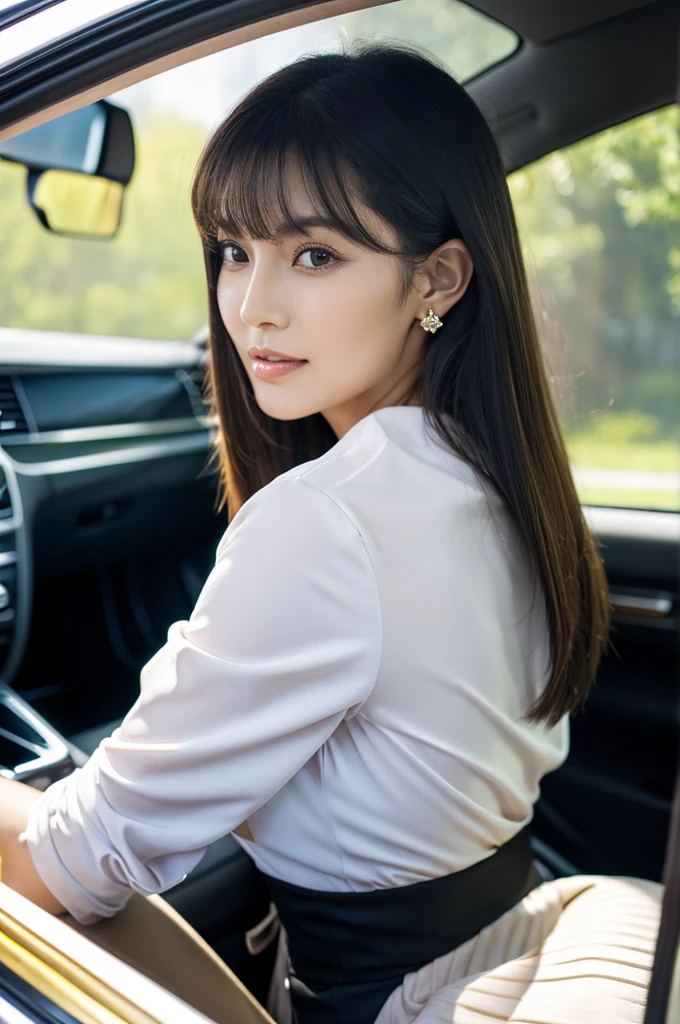 Inside the car at the driving school, driving school instructor, ((full body)), ((photo)), ((best qualtiy, 8K, tmasterpiece:1.3)), Focus:1.2, perfect figure beautiful girl:1.4, 1girl, cowboy shot, look at viewer, incredibly absurd, beautiful and cute girl with a photorealistic face, showcasing top-quality craftsmanship, A Japanese woman sitting in the passenger seat of a car at a driving school, 22 years old, has long, shiny, straight black hair, long bangs cut above her eyes as see-through bangs, large, dark eyes, long eyelashes, cat-like eyes with slightly upturned corners, well-defined eyebrows, double eyelids, straight nose, thin lips but a healthy, natural red color, well-aligned teeth, sharp jawline, fair, clear skin, smooth skin, long limbs, tall, slender, well-balanced proportions, beautiful C-cup breasts, wearing a white blouse with a black tight skirt and a beige jacket over it. The skirt is knee-length, an elegant and chic outfit, a single diamond earring in her left ear, and a slim gold ring on her middle finger on her right hand, a beautiful older woman, beautiful, neat, serious, responsible, kind, April