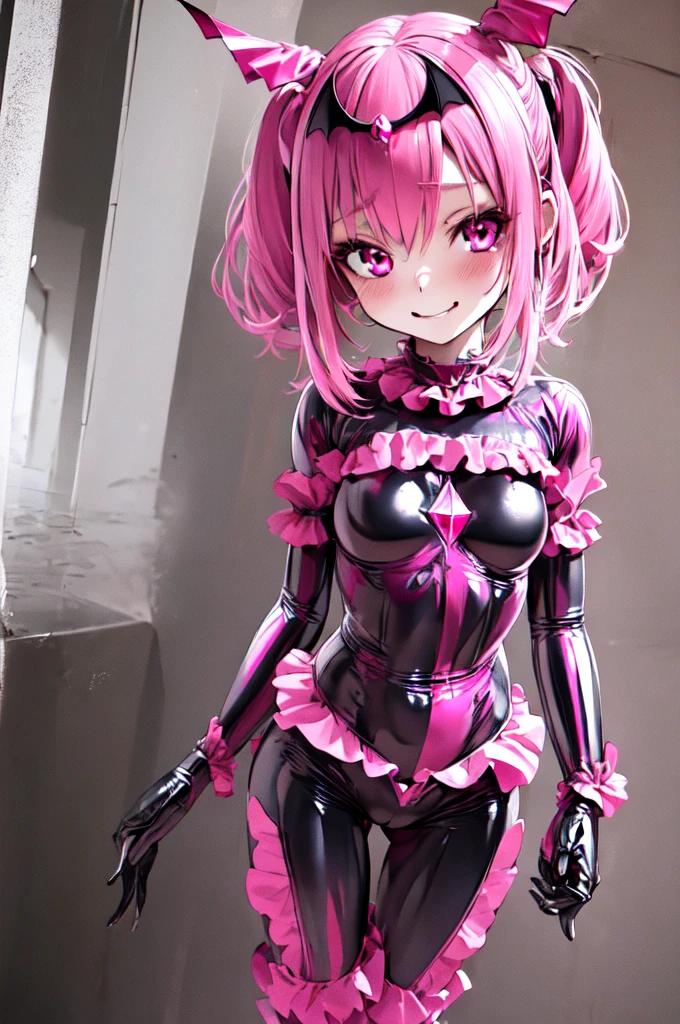 1 Girl, bad_end_Pretty Cure, bad_end_Happy,Pink Hair, Pink Eyes, Ruffled bodysuit, Are standing, Finding, jump, magic, Masterpiece Therapy_Happy, Red Gem、Wicked Smile, Dark world background, ,deep shaded face,sadistic smile,Malice,contempt,laugh at,latex,bad顔