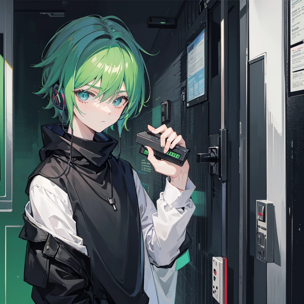 Boy man ager aesthetic lonely, with black sweater, a lock of green hair with headphones, in a dusk.
