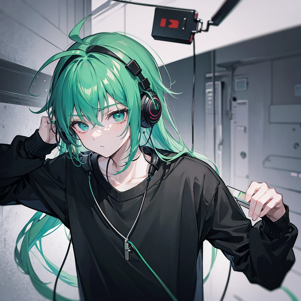 Boy man ager aesthetic lonely, with black sweater, a lock of green hair with headphones, in a dusk.