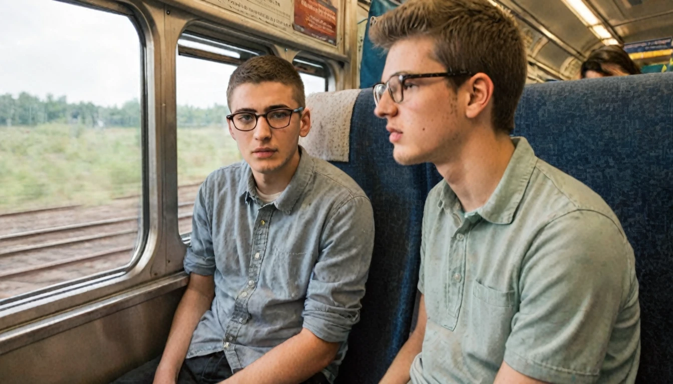 A twenty-year-old young man wearing glasses is sitting on a train, looking out the window His mother is sitting next to him talking to him 