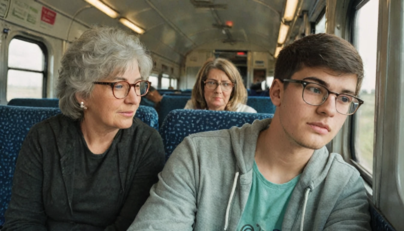 A twenty-year-old young man wearing glasses is sitting on a train, looking out the window His mother is sitting next to him talking to him 