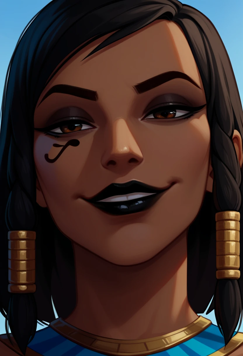 score_9, score_8_up, score_7_up, 1girl, solo, Pharah, brown eyes, (Eye of Horus), (black lipstick), headshot portrait, close-up, smug, smirk, Egyptian clothes, outdoors, Egyptian temple,