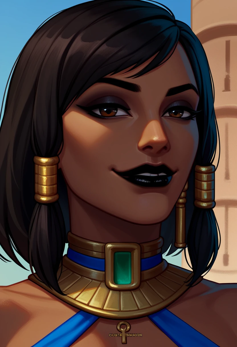 score_9, score_8_up, score_7_up, 1girl, solo, Pharah, brown eyes, (Eye of Horus), (black lipstick), headshot portrait, close-up, smug, smirk, Egyptian clothes, outdoors, Egyptian temple,