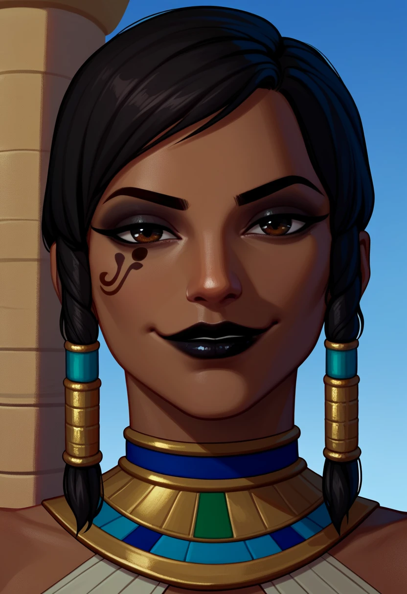 score_9, score_8_up, score_7_up, 1girl, solo, Pharah, brown eyes, (Eye of Horus), (black lipstick), headshot portrait, close-up, smug, smirk, Egyptian clothes, outdoors, Egyptian temple,