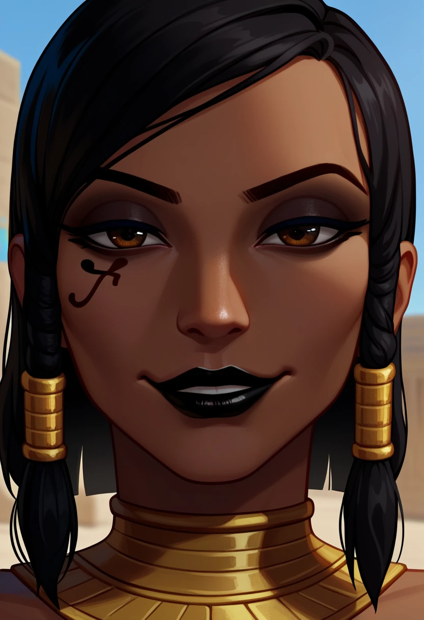 score_9, score_8_up, score_7_up, 1girl, solo, Pharah, brown eyes, (Eye of Horus), (black lipstick), headshot portrait, close-up, smug, smirk, Egyptian clothes, outdoors, Egyptian temple,