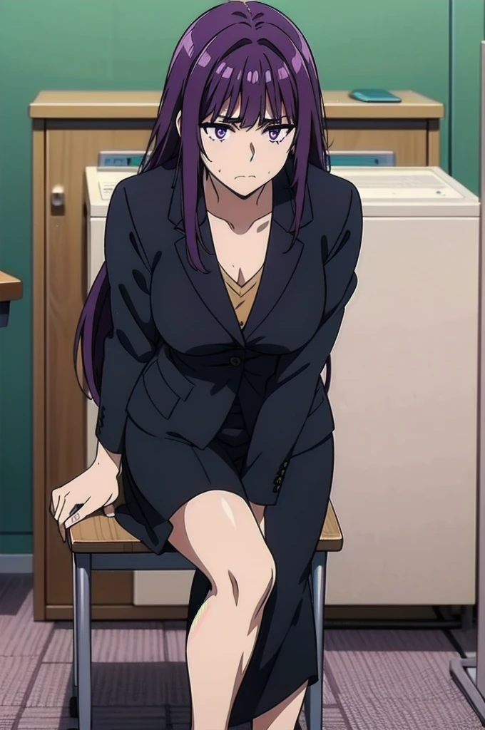 purple hair,,long hairpurple eyes,(((office suit,)))(disgust,looking disgusted, abhore),in the office,sitting on the office chair
