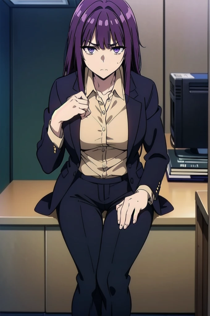 purple hair,,long hairpurple eyes,(((office suit,)))(disgust,looking disgusted, abhore),in the office,sitting on the office chair
